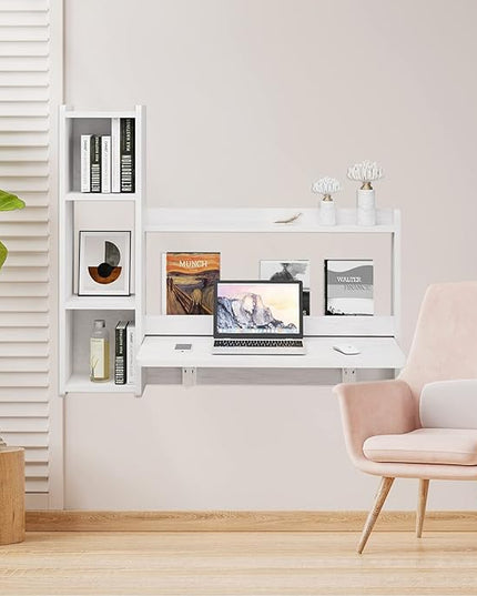 Pmnianhua Floating Desk,41'' Wall Mounted Desk Fold Down Laptop Desk Folding Space Saving Table Workstation with Storage Shelves for Bedroom Study Room Small Space (Off White-Left) - LeafyLoom