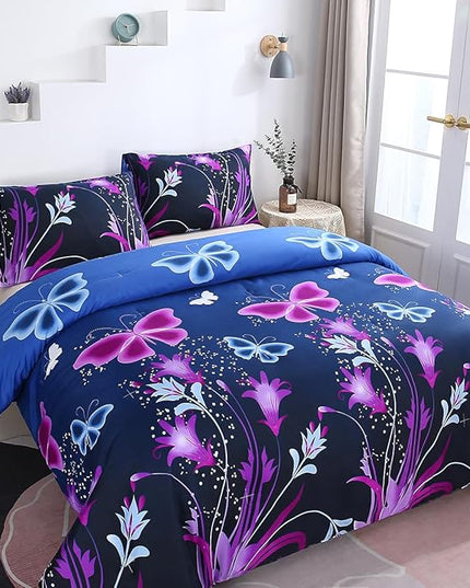 WINLIFE Butterfly Comforter Set Full Size for Girls Purple Blue Black Butterflies Printed Bedding Set for All Season, Soft Breathable & Light Bed Sets - LeafyLoom