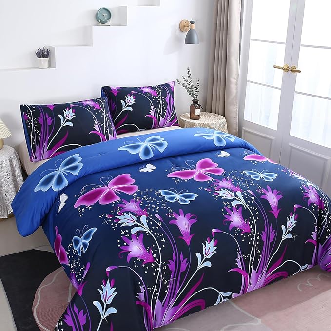 WINLIFE Butterfly Comforter Set Full Size for Girls Purple Blue Black Butterflies Printed Bedding Set for All Season, Soft Breathable & Light Bed Sets - LeafyLoom