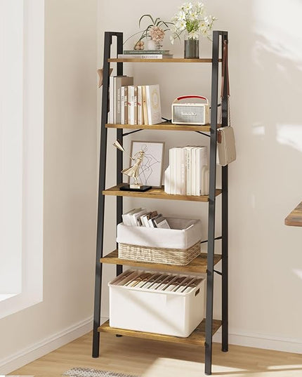 Ladder Shelf, Bookshelf Bookcase, Freestanding Corner Storage Shelve with 2 Hooks for Home Office, Living Room, Kitchen, Bedroom, Industrial, 5-Tier Rustic Brown BC19301B - LeafyLoom