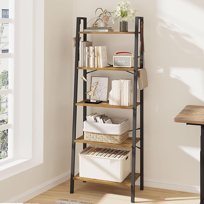 Ladder Shelf, Bookshelf Bookcase, Freestanding Corner Storage Shelve with 2 Hooks for Home Office, Living Room, Kitchen, Bedroom, Industrial, 5-Tier Rustic Brown BC19301B - LeafyLoom