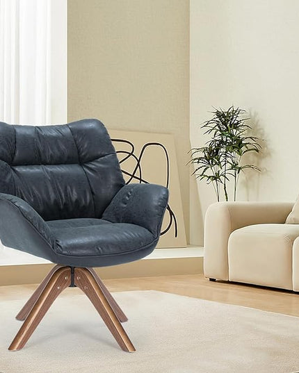 Faux Leather Accent Chair, Modern Cozy Vanity Chair with Wood Legs, Upholstered Single PU Leather Boucle Armchair for Living Room Bedroom Office Guest Room (Black) - LeafyLoom