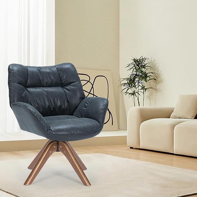 Faux Leather Accent Chair, Modern Cozy Vanity Chair with Wood Legs, Upholstered Single PU Leather Boucle Armchair for Living Room Bedroom Office Guest Room (Black) - LeafyLoom