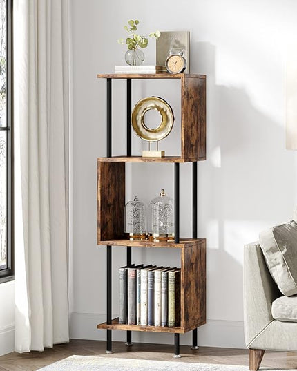 4 Tier Modern Bookshelf, S-Shaped Bookcase,Small Book Shelf for Small Spaces, Unique Bookshelf for Storage Organizer Living Room Bedroom Home Office, Brown - LeafyLoom