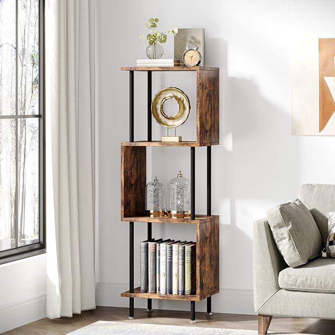 4 Tier Modern Bookshelf, S-Shaped Bookcase,Small Book Shelf for Small Spaces, Unique Bookshelf for Storage Organizer Living Room Bedroom Home Office, Brown - LeafyLoom