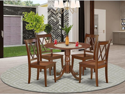 East West Furniture DLCL5-MAH-W Dublin 5 Piece Room Set Includes a Round Dining Table with Dropleaf and 4 Wood Seat Chairs, 42x42 Inch - LeafyLoom