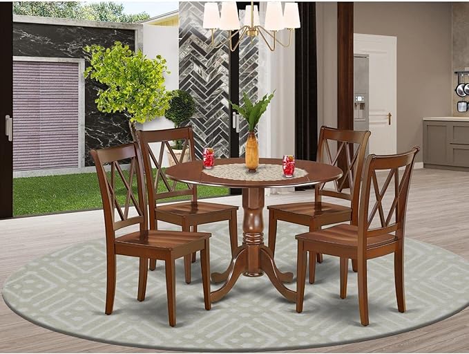East West Furniture DLCL5-MAH-W Dublin 5 Piece Room Set Includes a Round Dining Table with Dropleaf and 4 Wood Seat Chairs, 42x42 Inch - LeafyLoom