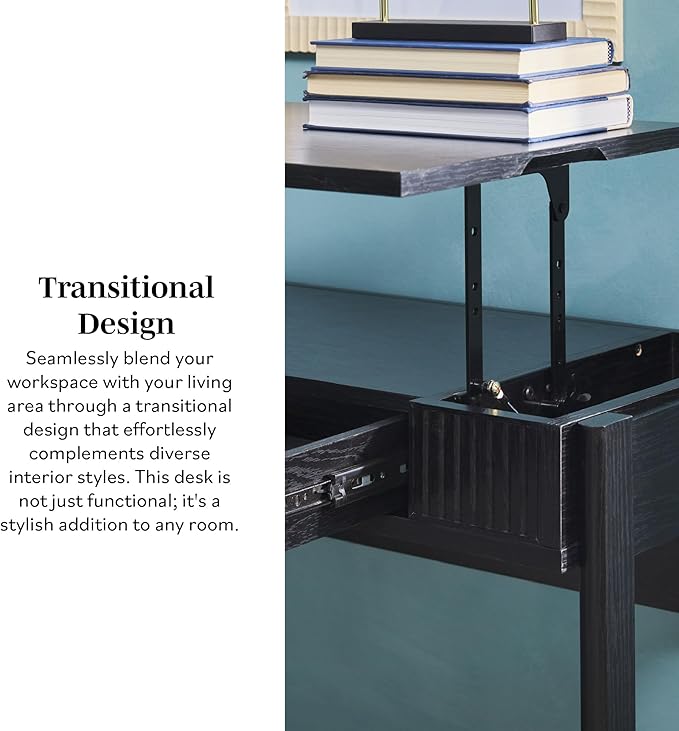 Walker Edison Office Writing and Computer Desk Spacious Desktop, Complementary in Living Spaces, 38 Inch, Reeded Lift-Top Black - LeafyLoom