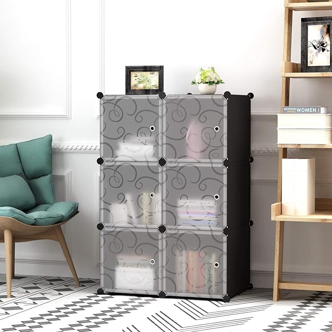 C&AHOME Cube Storage Organizer with Doors, 6-Cube Shelves, Closet Cabinet, DIY Plastic Modular Bookshelf Ideal for Bedroom, Living Room, 36.6”L x 12.4”W x 36.6”H Black SHS3006B-DOOR - LeafyLoom