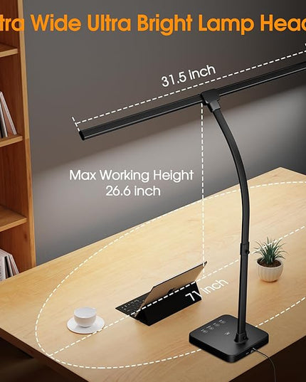 ShineTech LED Desk Lamp for Home Office, 24W Double Head Desk Light with Wireless Charging, USB Port, 25 Lighting Modes Adjustable Gooseneck Lamps - LeafyLoom
