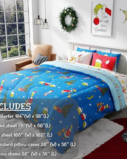 Franco Grinch by Dr. Seuss Holiday & Christmas Bedding Super Soft Comforter and Sheet Set with Sham, 7 Piece King Size (Official Dr. Seuss Product) - LeafyLoom