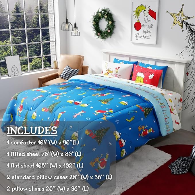 Franco Grinch by Dr. Seuss Holiday & Christmas Bedding Super Soft Comforter and Sheet Set with Sham, 7 Piece King Size (Official Dr. Seuss Product) - LeafyLoom