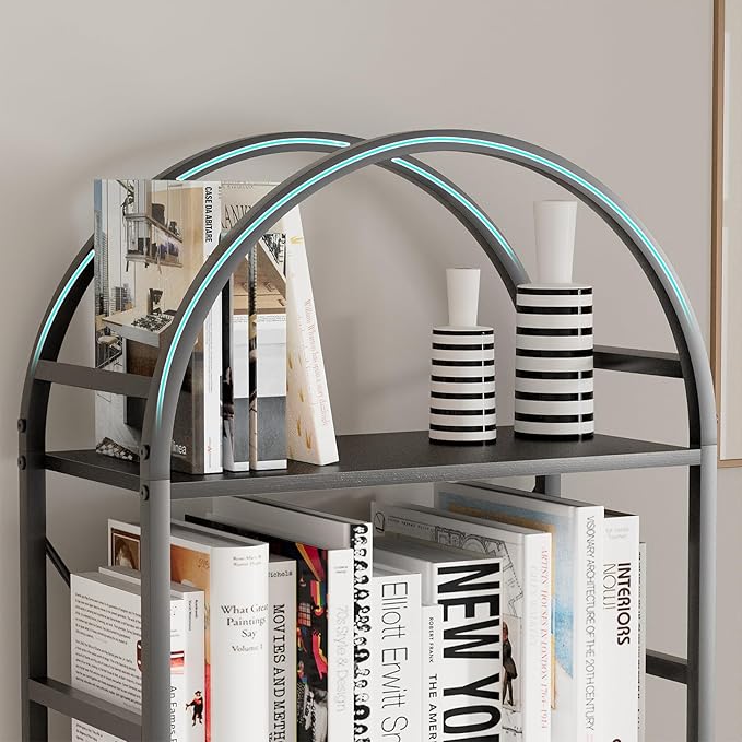 5-Tier Bookshelf, 24 Inch Width Industrial Arched Bookcase, Vintage Storage Rack with Open Shelves, Free Standing Shelf for Home Office, Living Room,Bedroom, Black - LeafyLoom