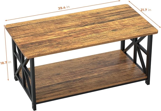 GreenForest Coffee Table with Round Corner, Farmhouse Center Table with 2-Tier Storage Shelf X-Frame Design for Living Room, 39 inch Walnut - LeafyLoom