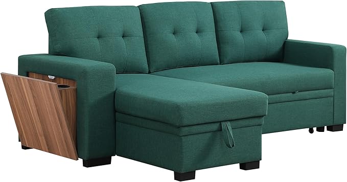 92 Inch L-Shape Sofa Sectional Convertible Storage Chaise Corner Couch Pull Out Sleeper Bed with USB Port and Cup Holder for Apartment, Dorm, Living Room, 92inch, Green-1 - LeafyLoom