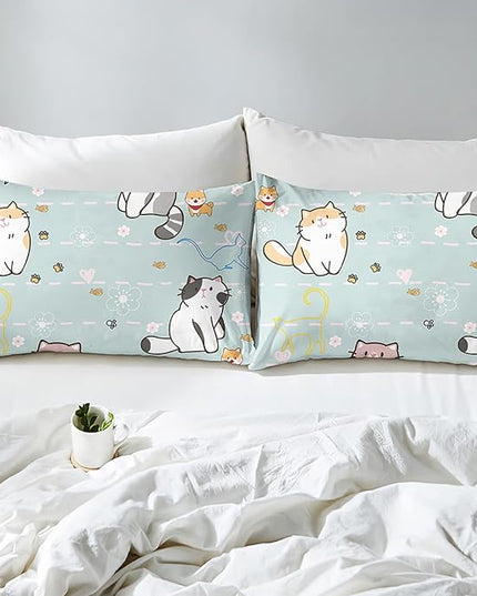 Cat Bedding Set Twin Size, Cartoon Cats Comforter for Girls Kids Teens, Blue Lovely Quilt Animal Pattern Comforter Set Soft Breathable Cute Duvet Set for All Season 2Pcs with Pillowcase - LeafyLoom