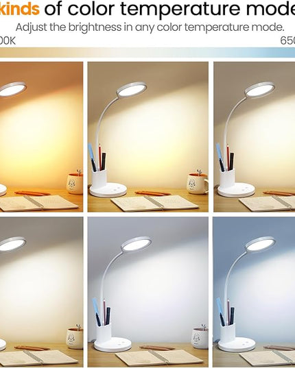 Desk Lamps for Home Office with Pen Holder/Organizer,6 Color Modes,Stepless Dimming,Study Desk Lamp for Kids,LED Desk Light Gooseneck Eye-Caring Lamp with Phone Stand/Storage,College Dorm Essentials - LeafyLoom