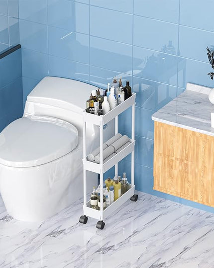 Sooyee 3 Tier Rolling Cart with Wheels,Slim Storage Cart,Narrow Storage Cabinet,Under Desk Storage,Rolling Utility Cart Storage Organizer for Office Bathroom Kitchen Laundry Room Narrow Places, White - LeafyLoom