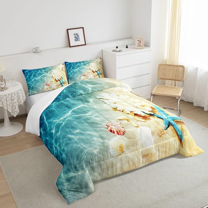 Ocean Comforter Set Full Beach Bedding Set Coastal Nature Theme Pattern Teal Duvet Set Boys Girls Hawaiian Quilt Sets Sea Wave Animals Starfish Reversible Comforter Set 2 Pillowcases, Blue Room Decor - LeafyLoom