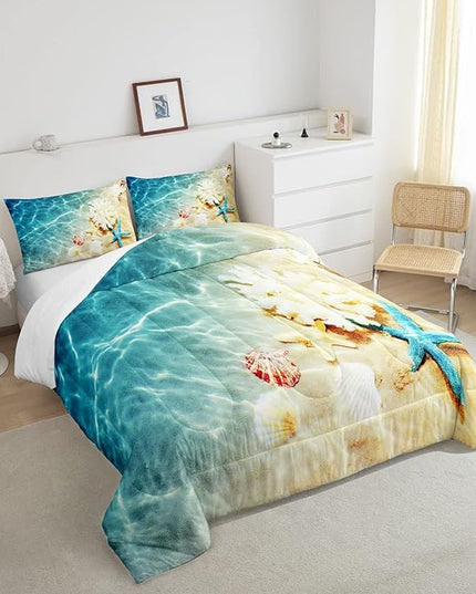 Ocean Comforter Set Queen Beach Bedding Coastal Nature Theme Pattern Teal Duvet Set Boys Girls Hawaiian Quilt Sets Sea Wave Animals Starfish Reversible Comforter Set 2 Pillowcases, Blue Room Decor - LeafyLoom