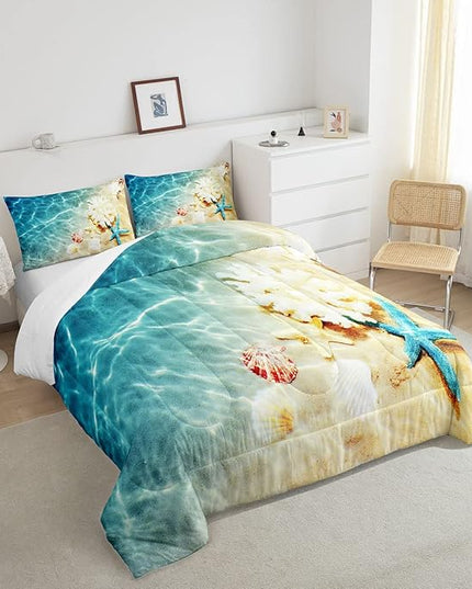 Ocean Comforter Set Twin Beach Bedding Set Coastal Nature Theme Teal Duvet Set Boys Girls Hawaiian Quilt Sets Sea Wave Animals Shell Starfish Reversible Comforter Set 1 Pillowcase, Blue Room Decor - LeafyLoom
