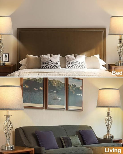 Nightstand Table Lamps for Bedrooms Set of 2 with USB C+A, Bedside Lamps with Spiral Cage Base, Tall Living Room Lamps for End Tables, Modern Night Stand Lamps for Bed Side Guest Room Bulbs Included - LeafyLoom
