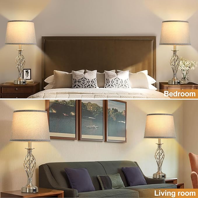 Nightstand Table Lamps for Bedrooms Set of 2 with USB C+A, Bedside Lamps with Spiral Cage Base, Tall Living Room Lamps for End Tables, Modern Night Stand Lamps for Bed Side Guest Room Bulbs Included - LeafyLoom