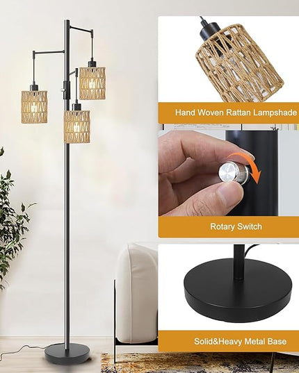Floor Lamps for Living Room,3 Light Rattan Standing Tall Lamp with Foot Switch & Sturdy Base,Farmhouse Rustic Tree Black Vintage Floor Lamp for Bedroom Office - LeafyLoom