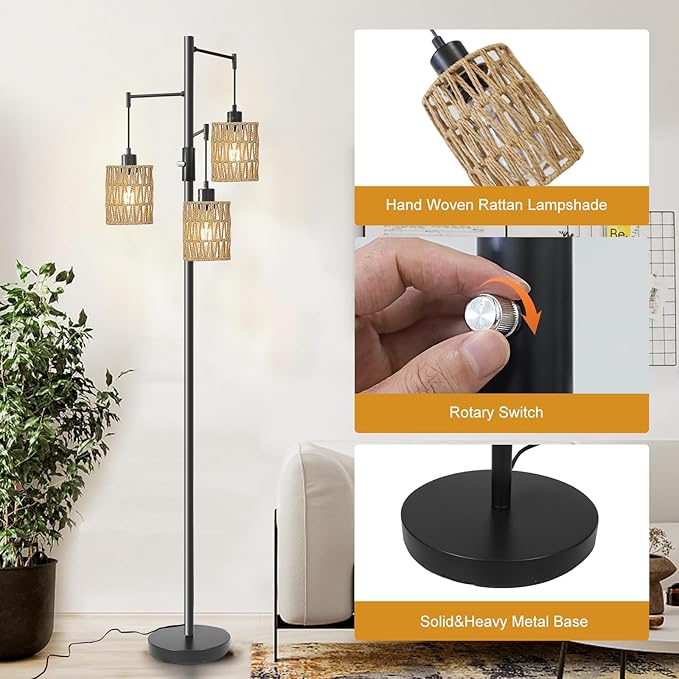 Floor Lamps for Living Room,3 Light Rattan Standing Tall Lamp with Foot Switch & Sturdy Base,Farmhouse Rustic Tree Black Vintage Floor Lamp for Bedroom Office - LeafyLoom