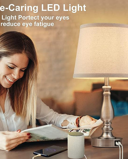 Lamps for Bedrooms Set of 2, Brushed Nickel Bedside Lamps with USB Ports, 3 Way Dimmable Nightstand Lamps with Fabric Lampshade, Touch Table Lamp for Living Room Bedroom Office, Bulbs Included - LeafyLoom
