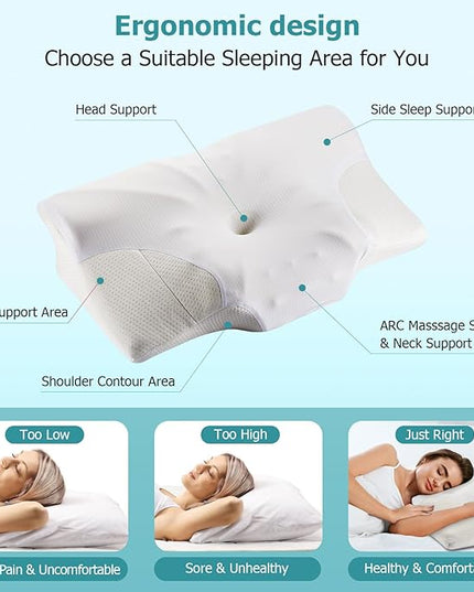 Cervical Neck Pillow for Pain Relief, Contour Memory Foam Pillows for Sleeping, Ergonomic Orthopedic Bed Pillow, Neck Support Pillows for Side Back Stomach Sleepers with Cooling Pillowcase - LeafyLoom