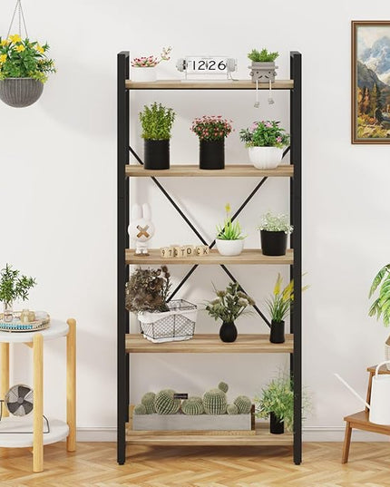 FATORRI 5 Tier Bookshelf, Industrial Wood and Metal Book Shelves for Display, Tall Etagere Bookcase and Rustic Shelving Unit (Rustic Oak) - LeafyLoom