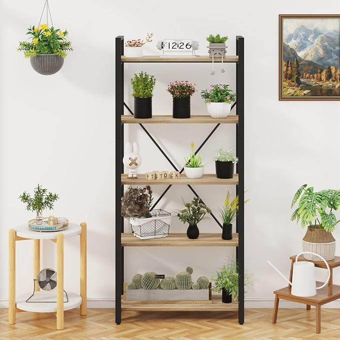 FATORRI 5 Tier Bookshelf, Industrial Wood and Metal Book Shelves for Display, Tall Etagere Bookcase and Rustic Shelving Unit (Rustic Oak) - LeafyLoom