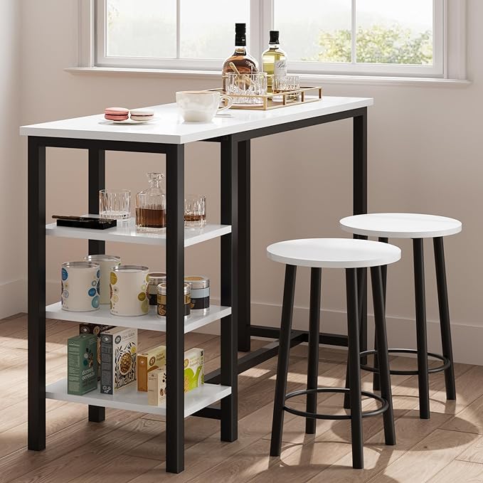 IDEALHOUSE Counter Height Dining Table with Stools, Bar Table Set with 3 Storage Shelves, 3 Piece Dining Table Set for Small Space, Apartment, Kitchen, White - LeafyLoom