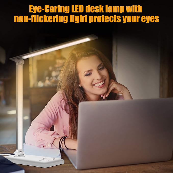 LED Desk Lamp, Eye-Caring Dimmable Table Lamps, Portable Office Lamp with USB Charging Port, 5 Lighting Modes, Timer Function, Touch Sensitive Control for Reading, Study, Working - LeafyLoom