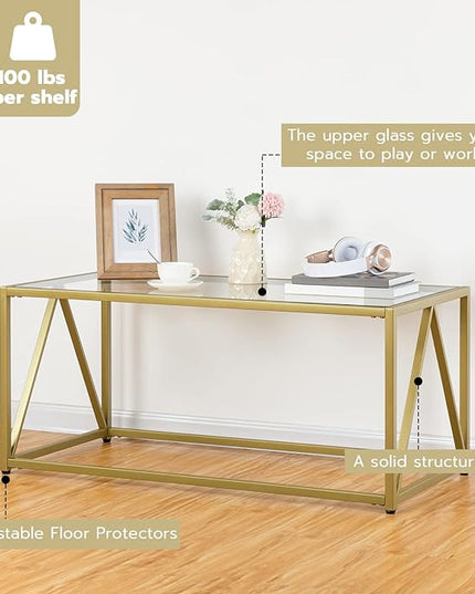 HOOBRO Glass Coffee Table, Gold Coffee Tables for Living Room, Gold Glass Coffee Table,1 Layer Center Table, Modern, for Apartment, Office, 39.4 x 19.7 x 17.7 Inches, Easy Assembly, Golden GD04KF01 - LeafyLoom