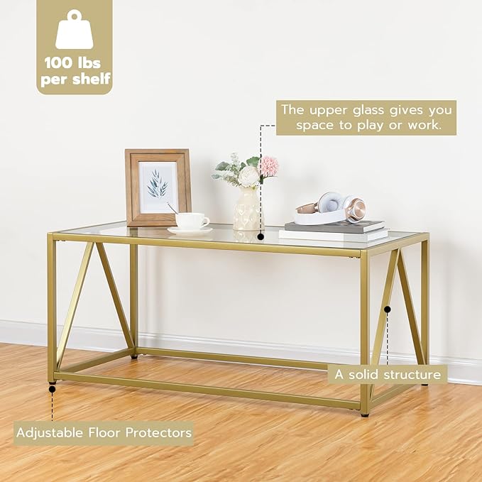 HOOBRO Glass Coffee Table, Gold Coffee Tables for Living Room, Gold Glass Coffee Table,1 Layer Center Table, Modern, for Apartment, Office, 39.4 x 19.7 x 17.7 Inches, Easy Assembly, Golden GD04KF01 - LeafyLoom