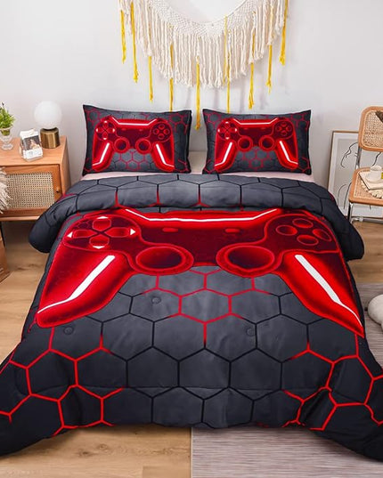 NTBED Game Console Comforter Set for Boys Girls Kids Geometric Lightweight Microfiber Bedding Sets (red, Queen) - LeafyLoom