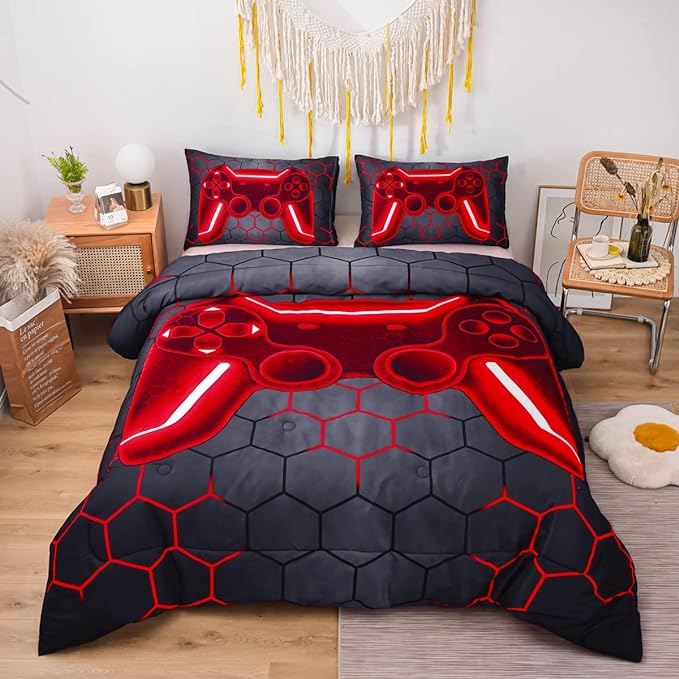 NTBED Game Console Comforter Set for Boys Girls Kids Geometric Lightweight Microfiber Bedding Sets (red, Full) - LeafyLoom