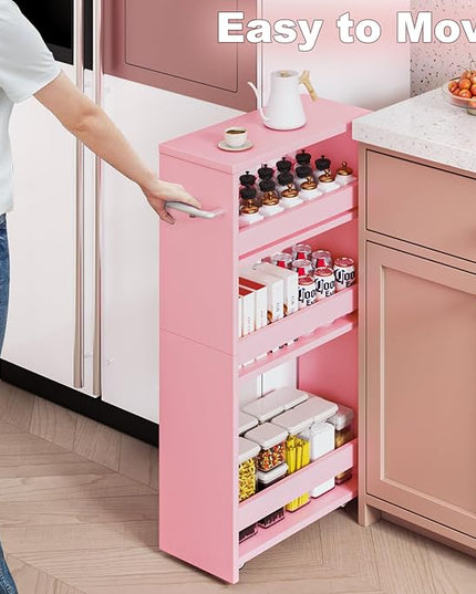 MARTY Rolling Storage Cart 7.9" W, Pink 4-Tier Wood Slim Kitchen Cart on Wheels, Laundry Room Organization with Handle Mobile Bookshelf Utility Cart Trolley for Kitchen Bathroom - LeafyLoom