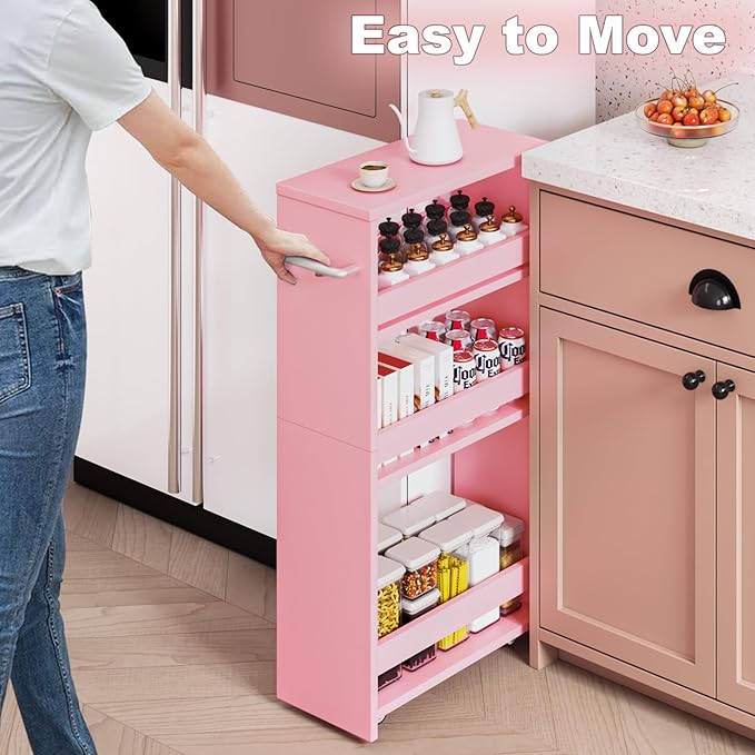 MARTY Rolling Storage Cart 7.9" W, Pink 4-Tier Wood Slim Kitchen Cart on Wheels, Laundry Room Organization with Handle Mobile Bookshelf Utility Cart Trolley for Kitchen Bathroom - LeafyLoom
