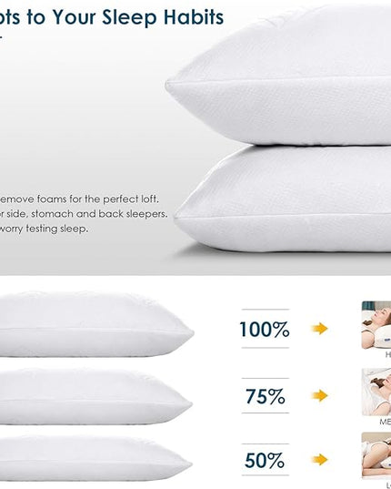 Cooling Bed Pillows for Sleeping 2 Pack, Shredded Memory Foam Pillows Queen Size Set of 2 - Adjustable Pillows for Side Back Sleepers with Cooling Washable Cover, Medium Firm Support Pillows - LeafyLoom