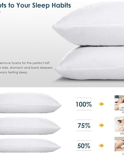 Cooling Bed Pillows for Sleeping 1 Pack, Adjustable Cool Shredded Memory Foam Pillows Queen Size - Luxury Pillows for Side Back Sleepers with Washable Cover, CertiPUR-US Certified - LeafyLoom