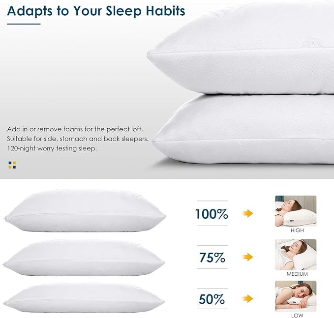 Cooling Bed Pillows for Sleeping 1 Pack, Adjustable Cool Shredded Memory Foam Pillows Queen Size - Luxury Pillows for Side Back Sleepers with Washable Cover, CertiPUR-US Certified - LeafyLoom