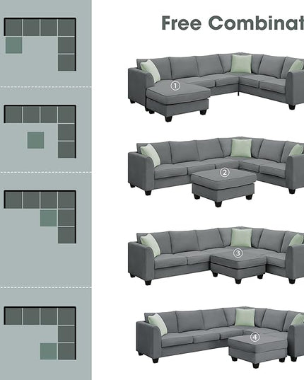 112" 7 Seats Sectional Solid Wood Sofa Sets with Ottoman,L Shape Upholstered Fabric Couch w/ 3 Pillows,for Living, Apartment,Huse or Conference Room,Grey - LeafyLoom