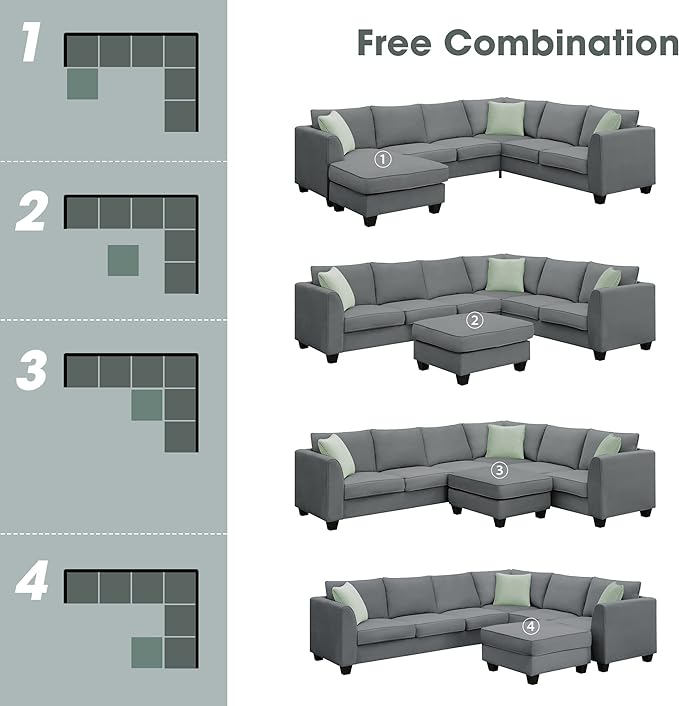112" 7 Seats Sectional Solid Wood Sofa Sets with Ottoman,L Shape Upholstered Fabric Couch w/ 3 Pillows,for Living, Apartment,Huse or Conference Room,Grey - LeafyLoom