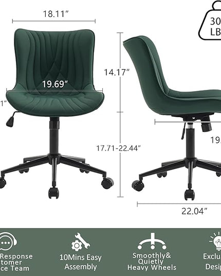 YOUTASTE Dark Green Office Chair Modern Armless Desk Chair with Wheels, Adjustable Swivel Rocking Rolling Computer Gaming Chair, Upholstered Faux Leather Sewing Chairs with Back - LeafyLoom