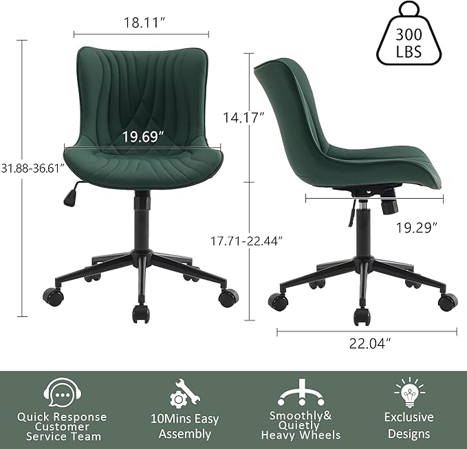 YOUTASTE Dark Green Office Chair Modern Armless Desk Chair with Wheels, Adjustable Swivel Rocking Rolling Computer Gaming Chair, Upholstered Faux Leather Sewing Chairs with Back - LeafyLoom
