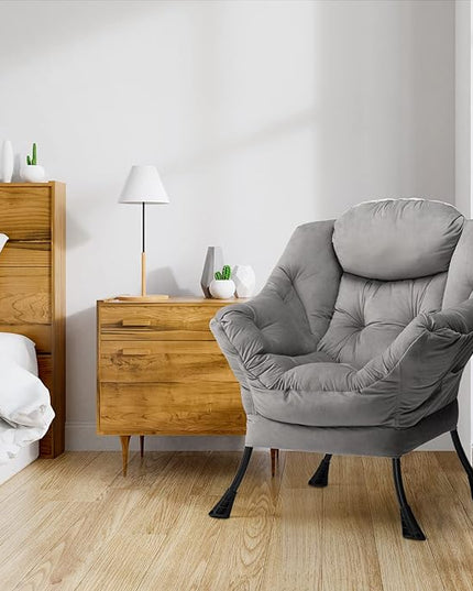 AcozyHom Modern Fabric Large Lazy Chair, Accent Oversized Comfy Reading Chair, Thick Padded Cozy Lounge Chair with Armrest, Steel Frame Leisure Sofa Chair for Living Room, Bedroom, Dorm, Smoky Grey - LeafyLoom