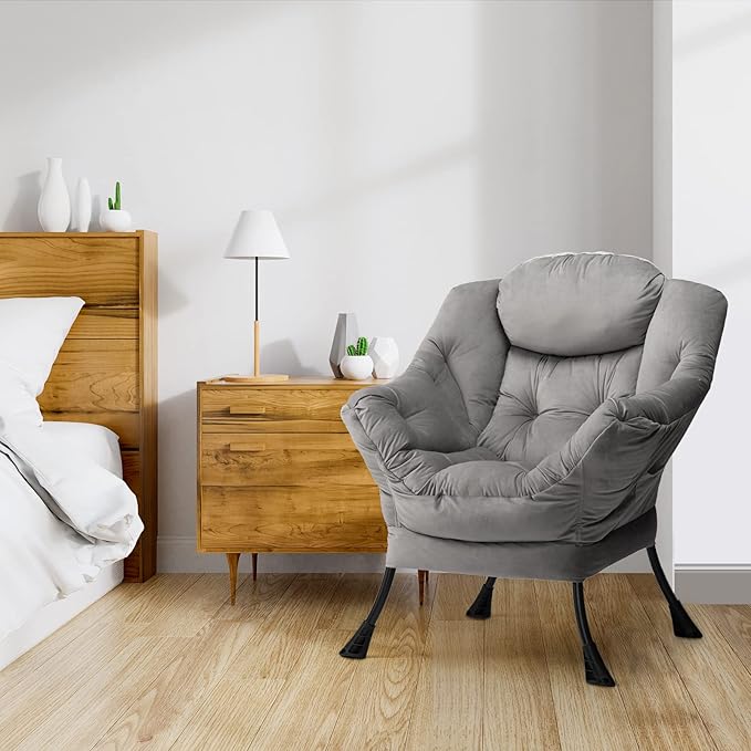 AcozyHom Modern Fabric Large Lazy Chair, Accent Oversized Comfy Reading Chair, Thick Padded Cozy Lounge Chair with Armrest, Steel Frame Leisure Sofa Chair for Living Room, Bedroom, Dorm, Smoky Grey - LeafyLoom